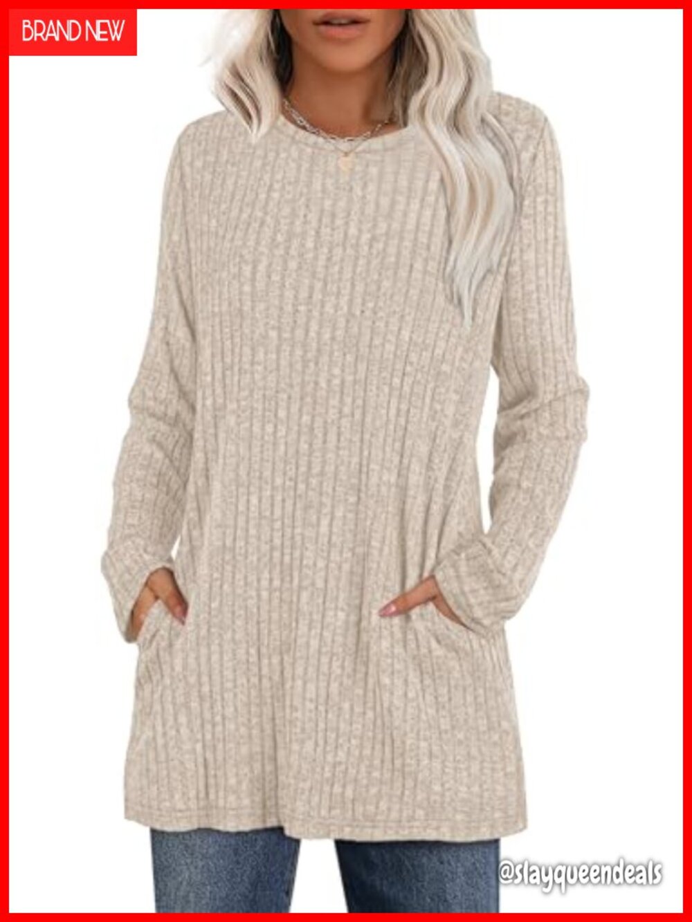 Long Sleeve Crewneck Tunic Top with Pockets Loose Fit Women's Sweater